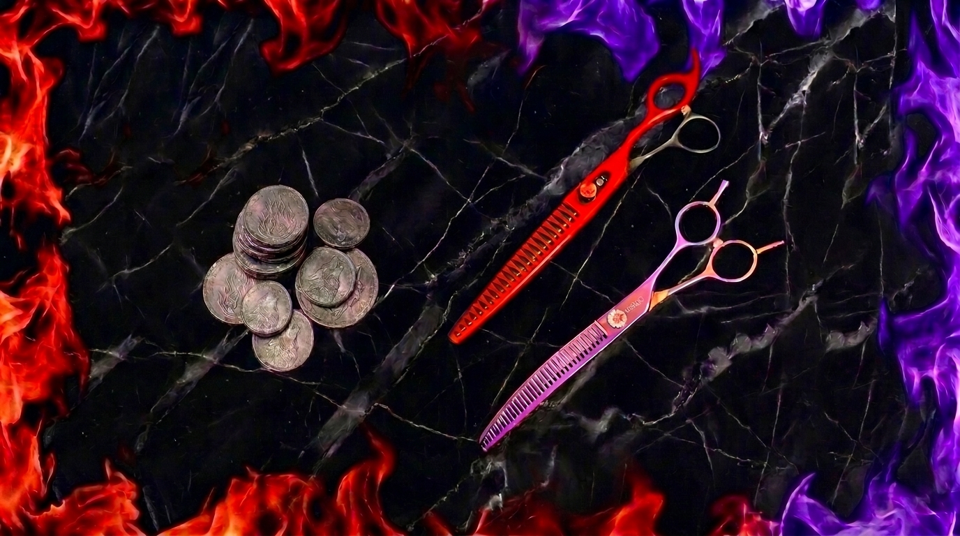 Red-and-purple-scissors-beside-pile-of-coins